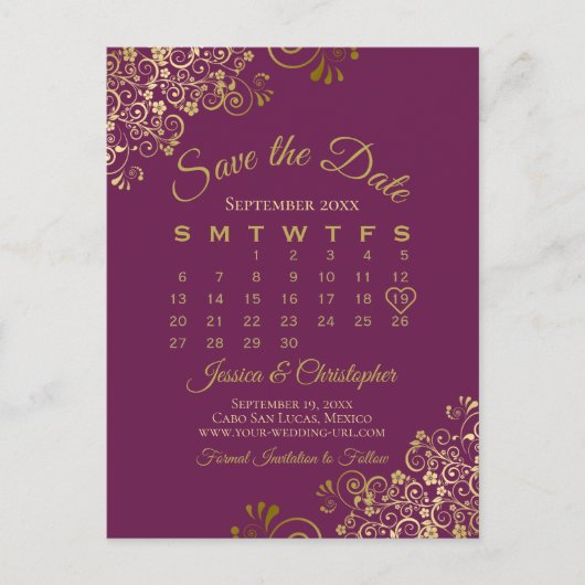 Cassis Paars Gold Wedding Save the Date Calendar Aankondigingskaart (Voorkant)