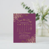 Cassis Paars Gold Wedding Save the Date Calendar Aankondigingskaart (Staand voorkant)