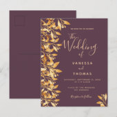 Cassis paars goud botanische huwelijksuitnodiging briefkaart (Voorkant / Achterkant)