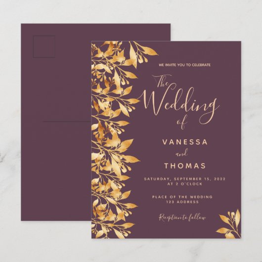 Cassis paars goud botanische huwelijksuitnodiging briefkaart (Voorkant / Achterkant)