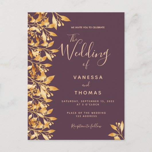Cassis paars goud botanische huwelijksuitnodiging briefkaart (Voorkant)