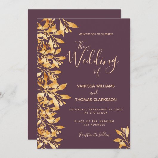 Cassis paars goud botanische scriptbruiloft kaart (Voorkant / Achterkant)