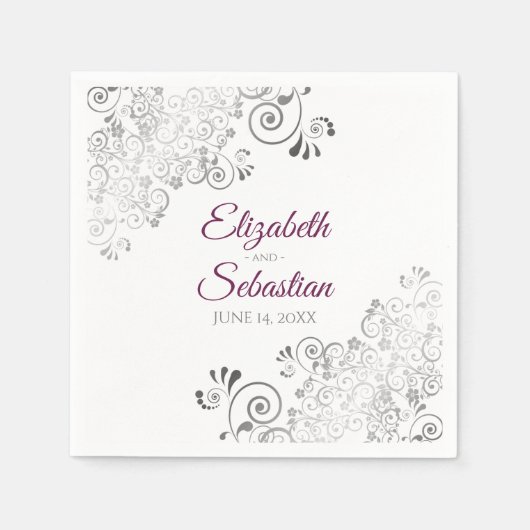 Cassis Paars met Silver Frills Elegant Wedding Servet (Voorkant)