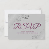 Cassis Paars op grijs Elegant Silver Lace Wedding RSVP Kaartje (Voorkant)