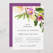 Cassis Paarse Bloemstuk Trouw Uitnodiging (Voorkant / Achterkant)