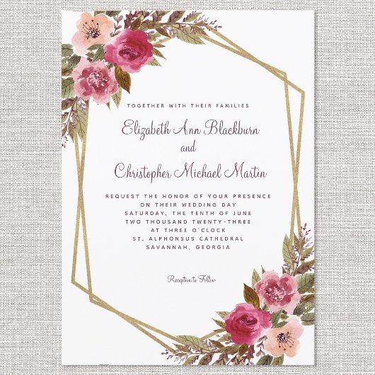 Cassis Paarse Bruiloft Goud Lijst Waterverf Bloeme Kaart