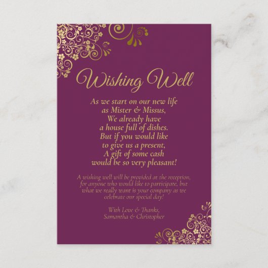 Cassis Paarse gouden krullen bruiloft wensen goed  Informatiekaartje (Voorkant)