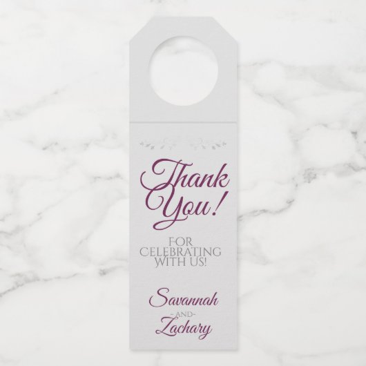 Cassis Paarse & Grijs Elegant Bruiloft Dank u Flessenhanger (Voorkant)