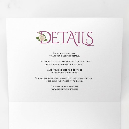 Cassis paarse initialen en ampersand, rozen bruilo drieluik uitnodiging (Binnenzijde eerst)