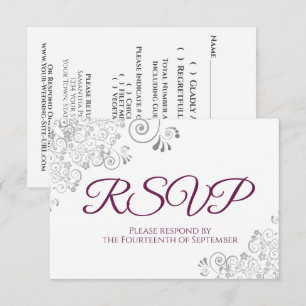 Cassis Paarse op Witte Elegante Zilveren Kant Brui RSVP Kaartje