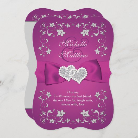 Cassis Paarse, Zilver, Bloemen, Harten Bruiloft Kaart (Voorkant / Achterkant)