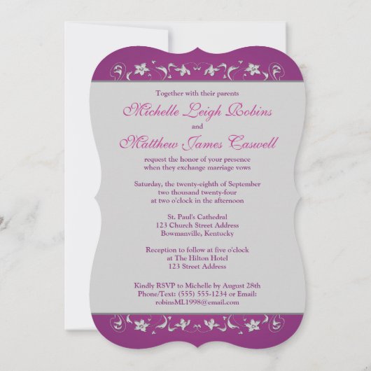 Cassis Paarse, Zilver, Bloemen, Harten Bruiloft Kaart (Achterkant)