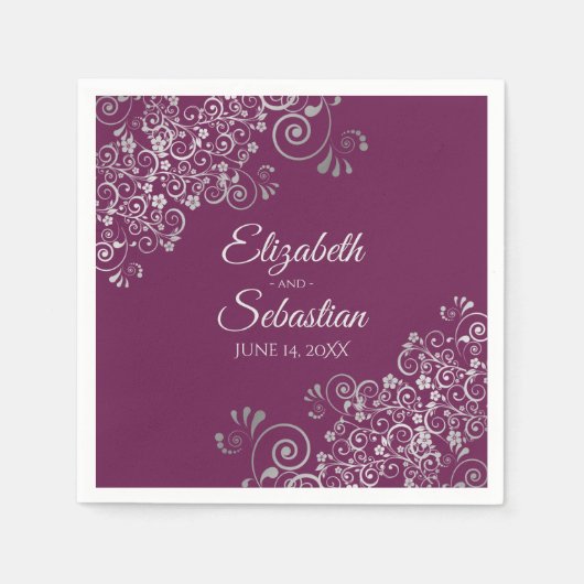 Cassis Paarse & zilveren franjes Elegante bruiloft Servet (Voorkant)