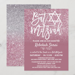 Cassis Pink Silver Faux Glitter Ombre Bat Mitzvah Kaart