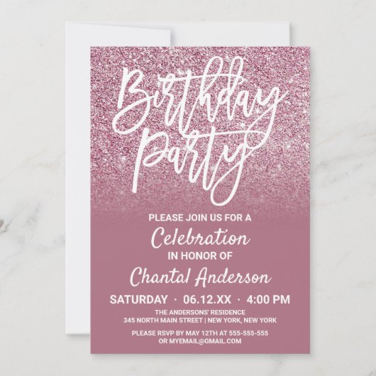 Cassis Pink Silver Faux Glitter Ombre Birthday Kaart (Voorkant)