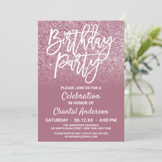 Cassis Pink Silver Faux Glitter Ombre Birthday Kaart (Staand voorkant)