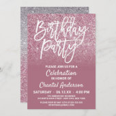 Cassis Pink Silver Faux Glitter Ombre Birthday Kaart (Voorkant / Achterkant)