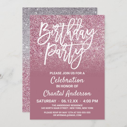 Cassis Pink Silver Faux Glitter Ombre Birthday Kaart (Voorkant / Achterkant)