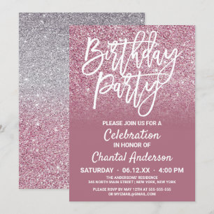 Cassis Pink Silver Faux Glitter Ombre Birthday Kaart