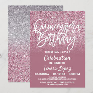 Cassis Pink Silver Faux Glitter Ombre Quinceañera Kaart