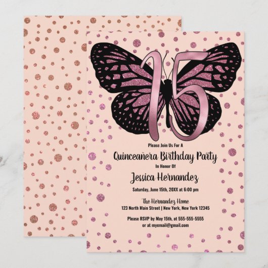 Cassis Roze Vlinder Glitter Confetti Quinceañera Kaart (Voorkant / Achterkant)