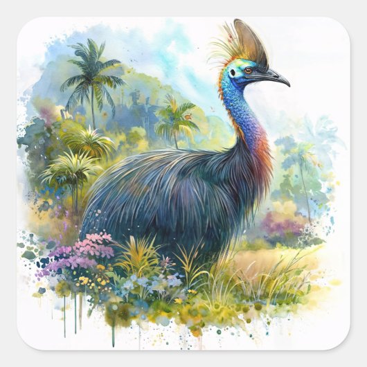 Cassowary Aquarel Kunst Vierkante Sticker (Voorkant)