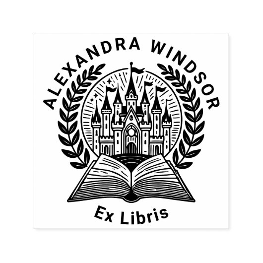 Castle, Book Wreath Lijst Ex Libris Naam Zelfinktende Stempel (Design)