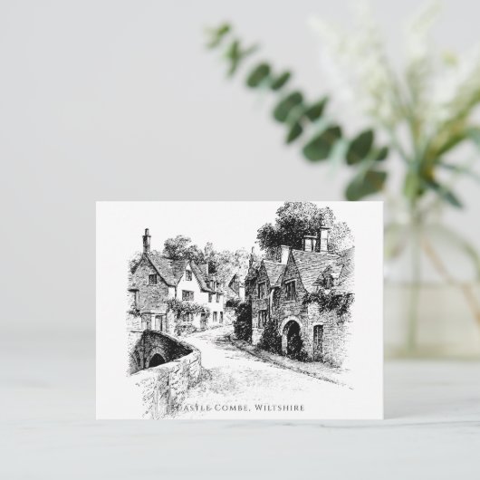 Castle Combe Village Sketch, Wiltshire Verenigd Ko Briefkaart (Staand voorkant)