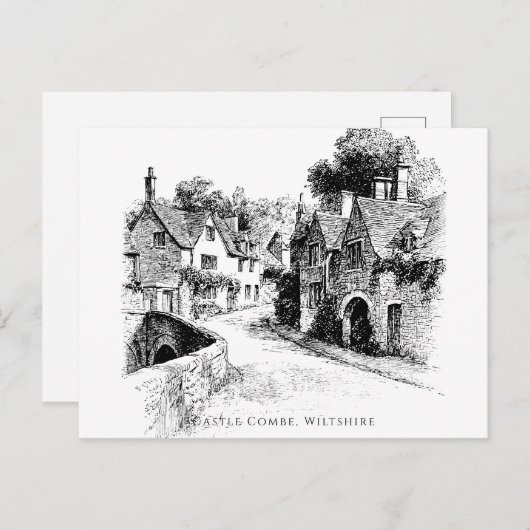 Castle Combe Village Sketch, Wiltshire Verenigd Ko Briefkaart (Voorkant / Achterkant)