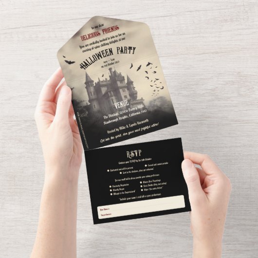 Castle Dracula Adult Halloween All In One Uitnodiging (Afscheurbaar)