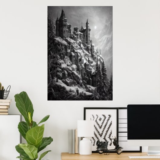 Castle in de berg, met sneeuw | AI Art Poster (Thuiskantoor)