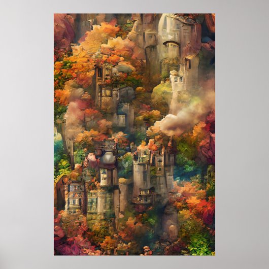 Castle in Forest, Fantasy Oerwoud, Herfst herfst Poster (Voorkant)