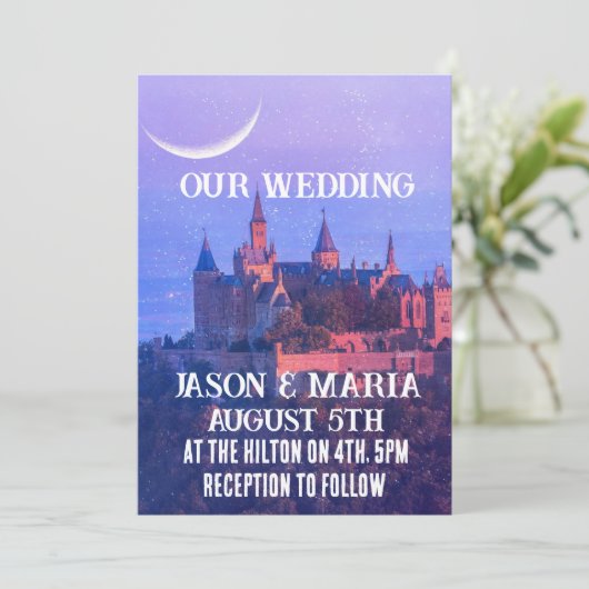 CASTLE MOON BLUE GOTHIC CUSTOM WEDDING INVITATIONS KAART (Staand voorkant)