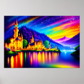 Castle Mountains Lake Forest Glitter Sterren Kunst Poster (Voorkant)