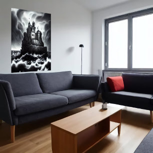 Castle on rock in stormy zee   AI Art Poster