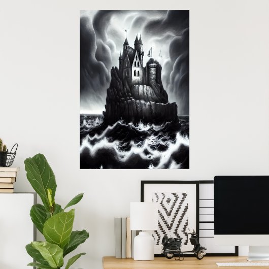 Castle on rock in stormy zee | AI Art Poster (Thuiskantoor)