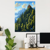 Castle op een heuvel in het bos | AI Art Poster (Thuiskantoor)