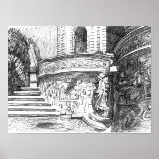 Castle pencilart Monochrome Black & White Poster (Voorkant)