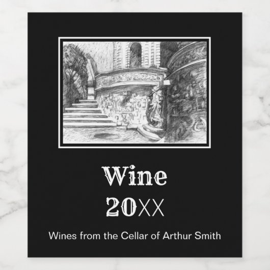 Castle pencilart Monochrome Wijn Etiket (Enkel label)