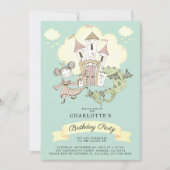 Castle Princess Dragon Girl's Blue Birthday Kaart (Voorkant)