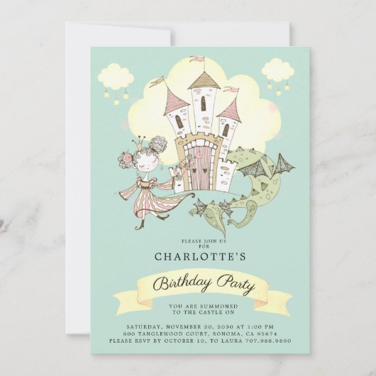 Castle Princess Dragon Girl's Blue Birthday Kaart (Voorkant)