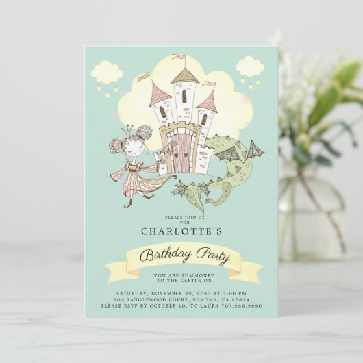 Castle Princess Dragon Girl's Blue Birthday Kaart (Staand voorkant)