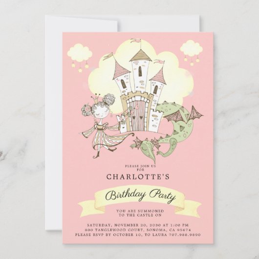Castle Princess Dragon Girl's Pink Birthday Kaart (Voorkant)