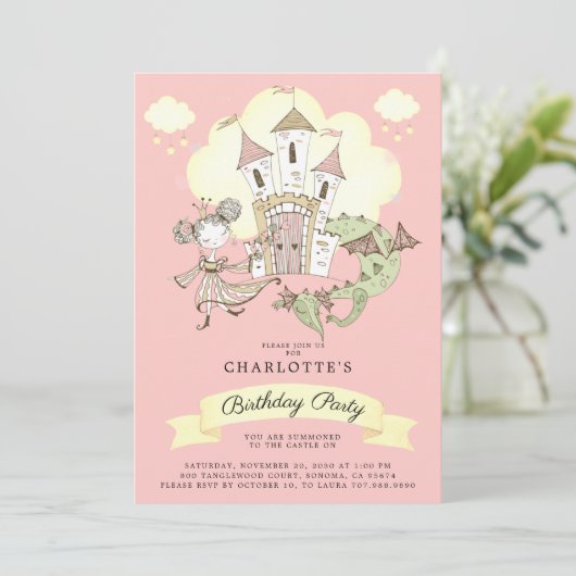 Castle Princess Dragon Girl's Pink Birthday Kaart (Staand voorkant)