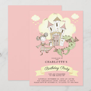 Castle Princess Dragon Girl's Pink Birthday Kaart