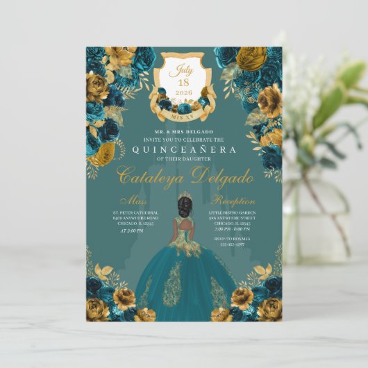 Castle Quinceañera, blauwgroen en goudprinses Kaart (Staand voorkant)