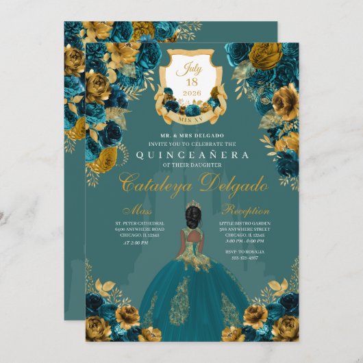 Castle Quinceañera, blauwgroen en goudprinses Kaart (Voorkant / Achterkant)
