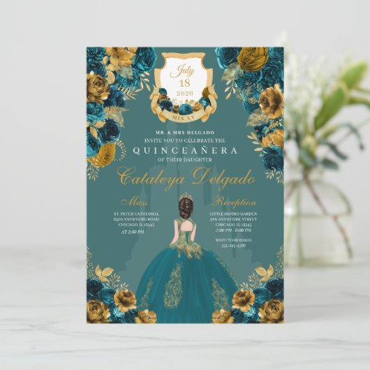 Castle Quinceañera, blauwgroen en goudprinses Kaart (Staand voorkant)