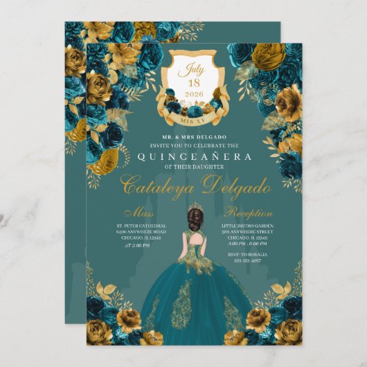 Castle Quinceañera, blauwgroen en goudprinses Kaart (Voorkant / Achterkant)