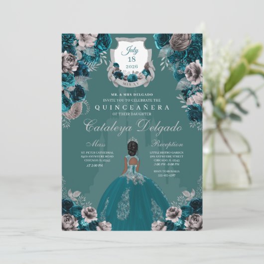 Castle Quinceañera, blauwgroen en zilver Kaart (Staand voorkant)